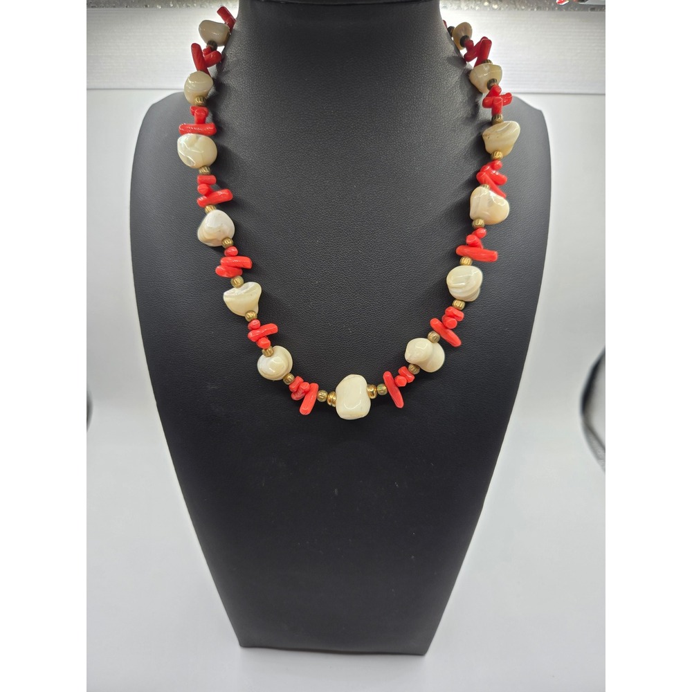 Vintage Natural Red Coral Shell Bead Necklace Set Coastal Beach Boho Jewelry